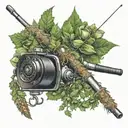 A realistic portrait of a fishing rod and reel intertwined with a wreath of catnip leaves, in memory of Angela and Erich tattoo design idea