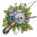 A realistic portrait of a fishing rod and reel intertwined with a wreath of catnip leaves, in memory of Angela and Erich tattoo design idea