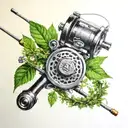 A realistic portrait of a fishing rod and reel intertwined with a wreath of catnip leaves, in memory of Angela and Erich tattoo design idea