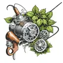 A realistic portrait of a fishing rod and reel intertwined with a wreath of catnip leaves, in memory of Angela and Erich tattoo design idea