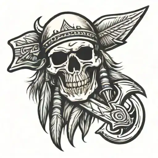 skull indian head with tomahawk tattoo design idea
