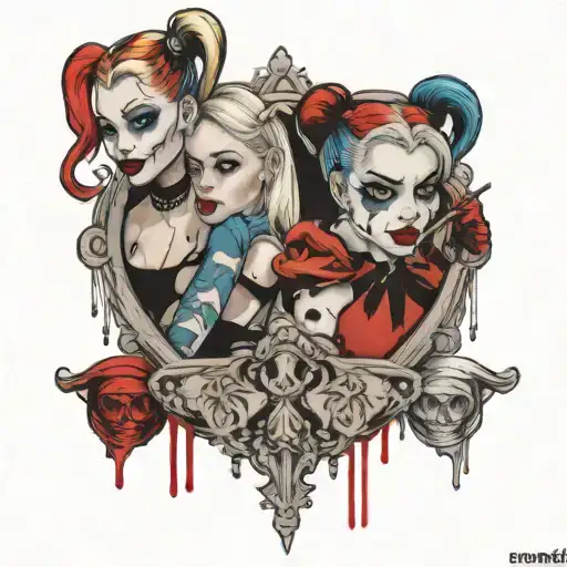 harley quinn and normal girl reflecting in mirror reflection tattoo design idea