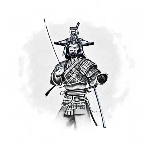 samurai with a building in the background tattoo design idea