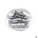 samurai with a building in the background tattoo design idea