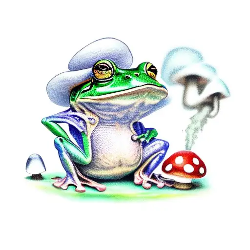 frog sitting on a mushroom wearing a suit and smoking a pipe tattoo design idea
