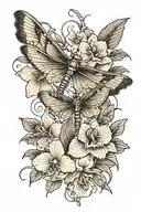 fig branch and dragon fly and orchid flowers tattoo design idea