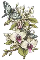 fig branch and dragon fly and orchid flowers tattoo design idea