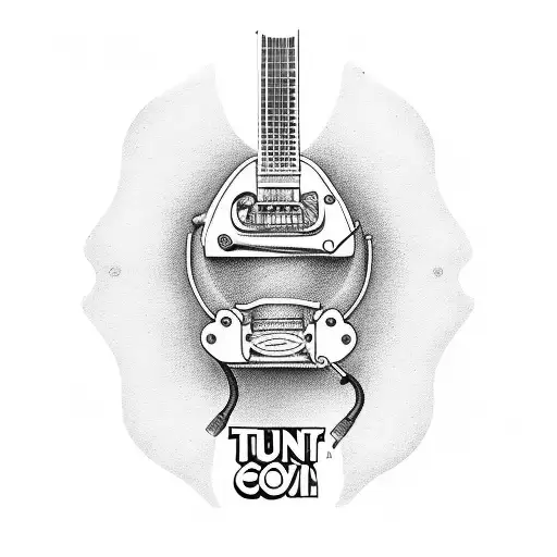 gretsch country classic II guitar with a mic and the words "turn it down" in a scroll tattoo design idea