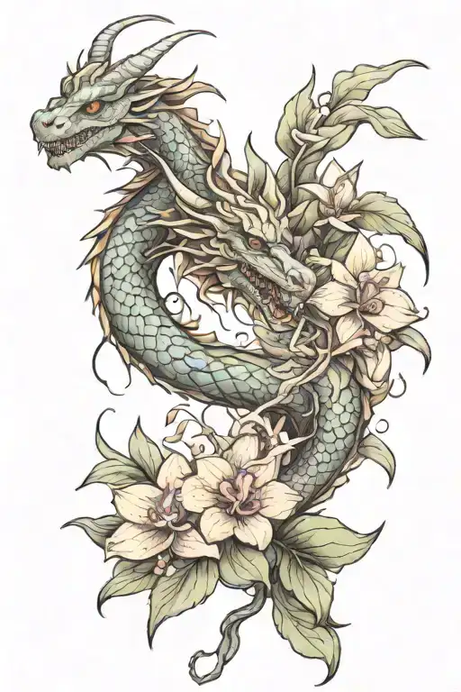 realistic European dragon with orchids surrounding it  tattoo design idea