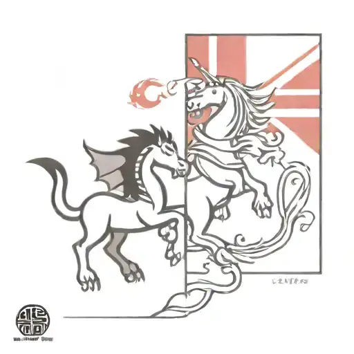 dragon and unicorn, with Hong Kong flag and Scotland flag  tattoo design idea