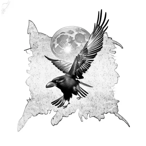 A realistic black and blue raven spreading its wings in front of a full moon tattoo design idea