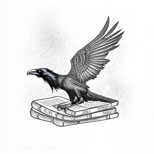 A raven perched on a stack of books under a night sky tattoo design idea