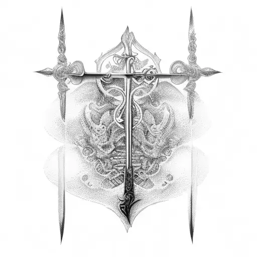 Tattoo facing downward across the spine of a sword with rosary beads around     tattoo design idea