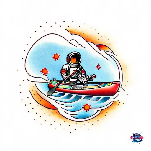 an astronaut paddling in a red kayak tattoo design idea