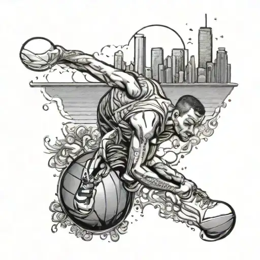 A dotwork tattoo of a basketball player dribbling a tequila bottle instead of a ball, with a backdrop of the Los Angeles skyline tattoo design idea
