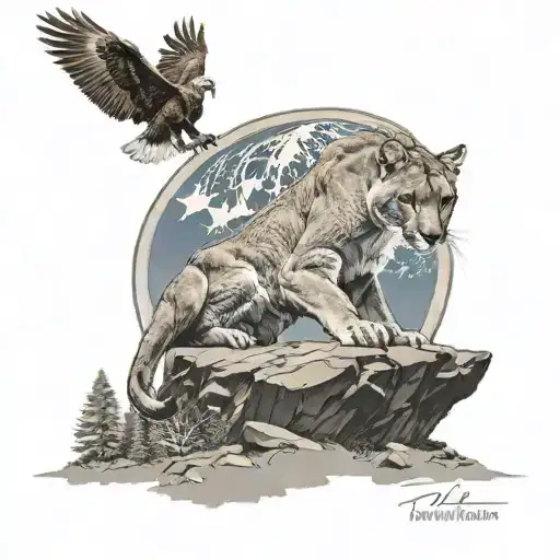 mountain lion on a rock, with eagle flying overhead and Washington capital in the background  tattoo design idea