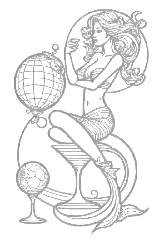 mermaid in martini glass holding disco ball tattoo design idea