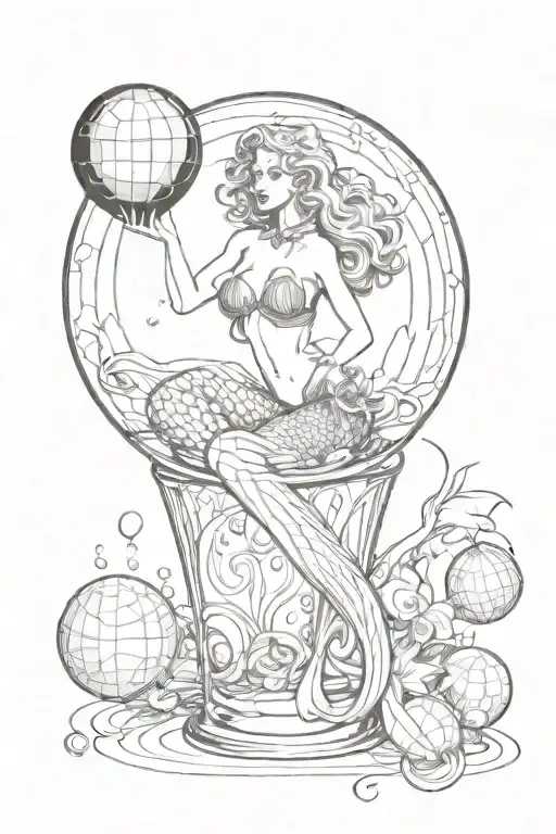 mermaid in martini glass holding disco ball tattoo design idea