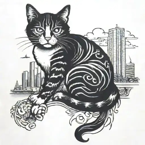 Traditional style tattoo of a black and white cat hugging with the Miami and Boston skylines in the background  tattoo design idea