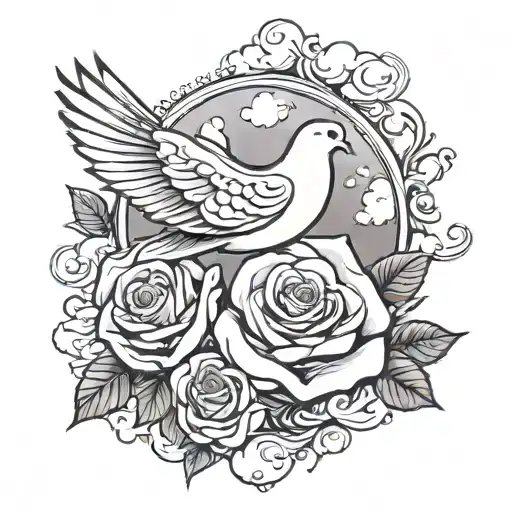 Rose with clouds and dove tattoo design idea