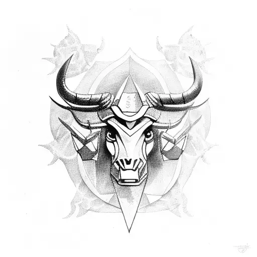 taurus with armored shiels falling from the sky with angel protecting him  tattoo design idea