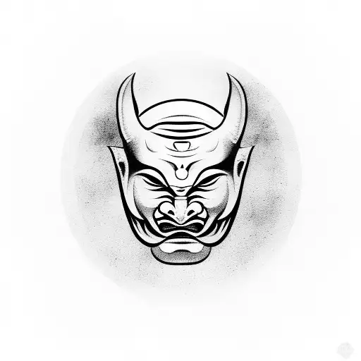 a hannya mask open in the middle and the budda behind with a yin yang on the forehead tattoo design idea