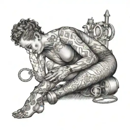 Create a dotwork tattoo of a sensual scene involving anal play, with intricate details of anal plugs and bondage accessories in the background tattoo design idea