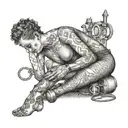 Create a dotwork tattoo of a sensual scene involving anal play, with intricate details of anal plugs and bondage accessories in the background tattoo design idea