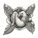 Create a dotwork tattoo of a sensual scene involving anal play, with intricate details of anal plugs and bondage accessories in the background tattoo design idea