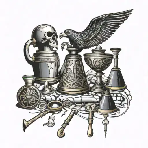 Incorporate elements of pharmacy tools and equipment with Egyptian motifs in a tattoo design tattoo design idea