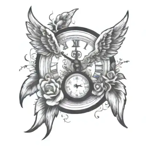 Broken clock with angel wings at the back for stillbirth baby tattoo design idea