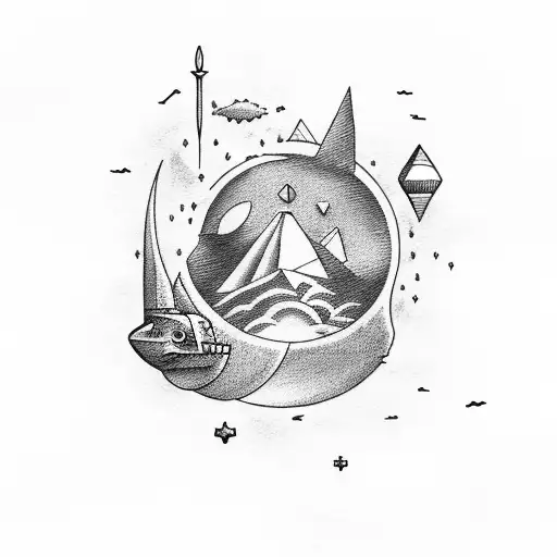 A dreamlike landscape with a fish bowl floating in the sky, filled with two lost souls and Pink Floyd references tattoo design idea
