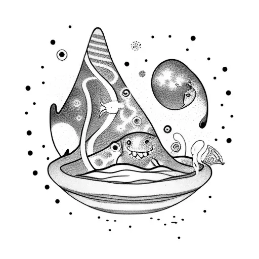A dotwork tattoo depicting two lost souls swimming in a fish bowl, surrounded by a cosmic backdrop and the quote 'Year after year' tattoo design idea