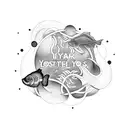 A dotwork tattoo depicting two lost souls swimming in a fish bowl, surrounded by a cosmic backdrop and the quote 'Year after year' tattoo design idea