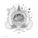 A dotwork tattoo depicting two lost souls swimming in a fish bowl, surrounded by a cosmic backdrop and the quote 'Year after year' tattoo design idea