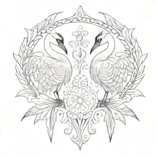 traditional Yakutian lyre pattern with two siberian cranes inside tattoo design idea
