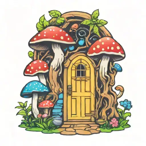 psychedelic fairy door behind magic mushrooms tattoo design idea