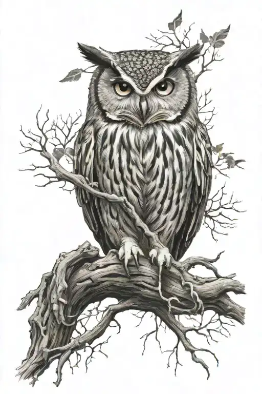 owl, forest, feathers, tree roots tattoo design idea