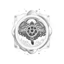 circle divided into Three parts. one part with a monkey. one part with a turtle and one part with angel wings  tattoo design idea