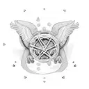 circle divided into Three parts. one part with a monkey. one part with a turtle and one part with angel wings  tattoo design idea