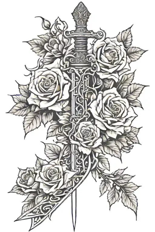 spine tattoo of a sword wrapped in vines with a variation of flowers and roses, fine lines, no color tattoo design idea