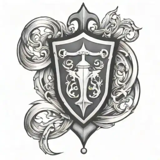 A symbolic tattoo of a knight's shield with the words 'Strength in Faith' incorporated tattoo design idea