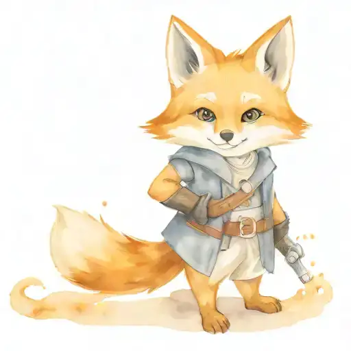 cute baby fox dressed as a rogue with all the assasins creed weapons tattoo design idea