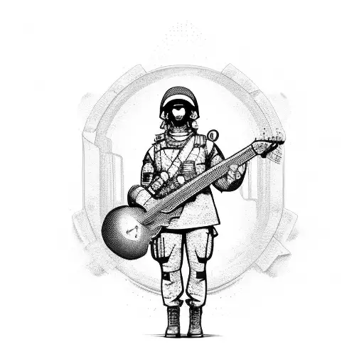 A soldier holding a guitar as if it were a weapon, with a backdrop of futuristic technology tattoo design idea