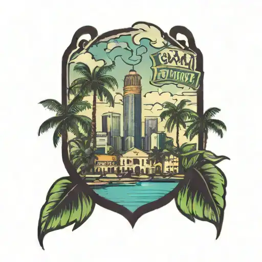 Miami skyline with money bag tattoo design idea