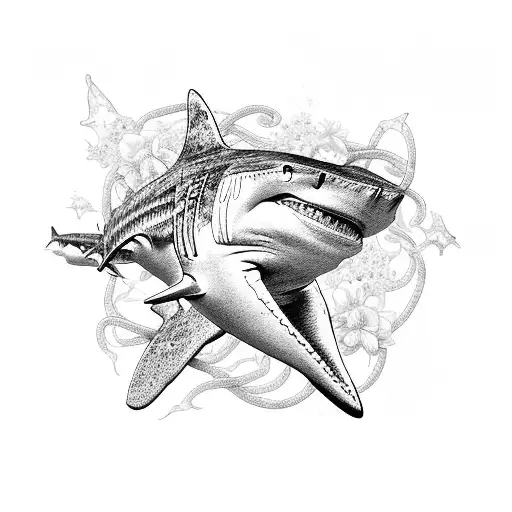 A hammerhead shark and whale shark intertwined with intricate floral elements tattoo design idea