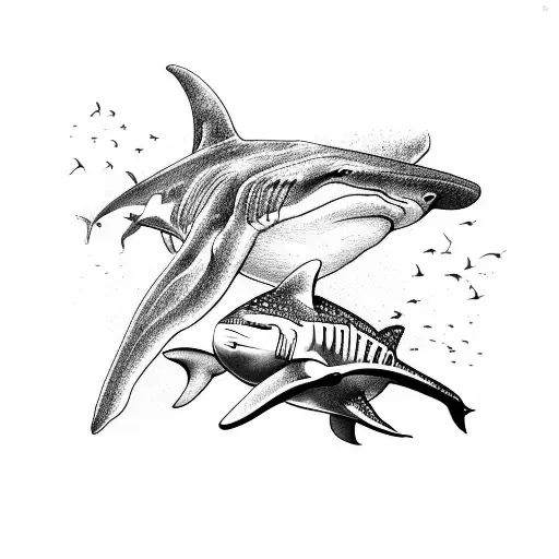 A hammerhead shark and whale shark swimming together in a geometric pattern tattoo design idea