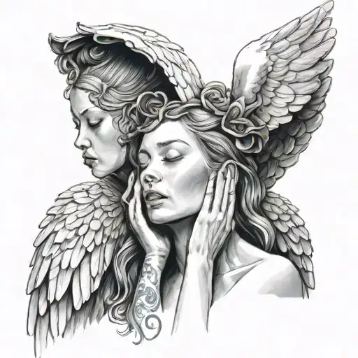 1 angel angel covering eyes, 1 angel covering mouth, 1 angel covering ears  tattoo design idea