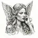 1 angel angel covering eyes, 1 angel covering mouth, 1 angel covering ears  tattoo design idea