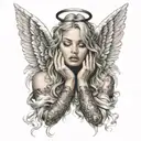 1 angel angel covering eyes, 1 angel covering mouth, 1 angel covering ears  tattoo design idea